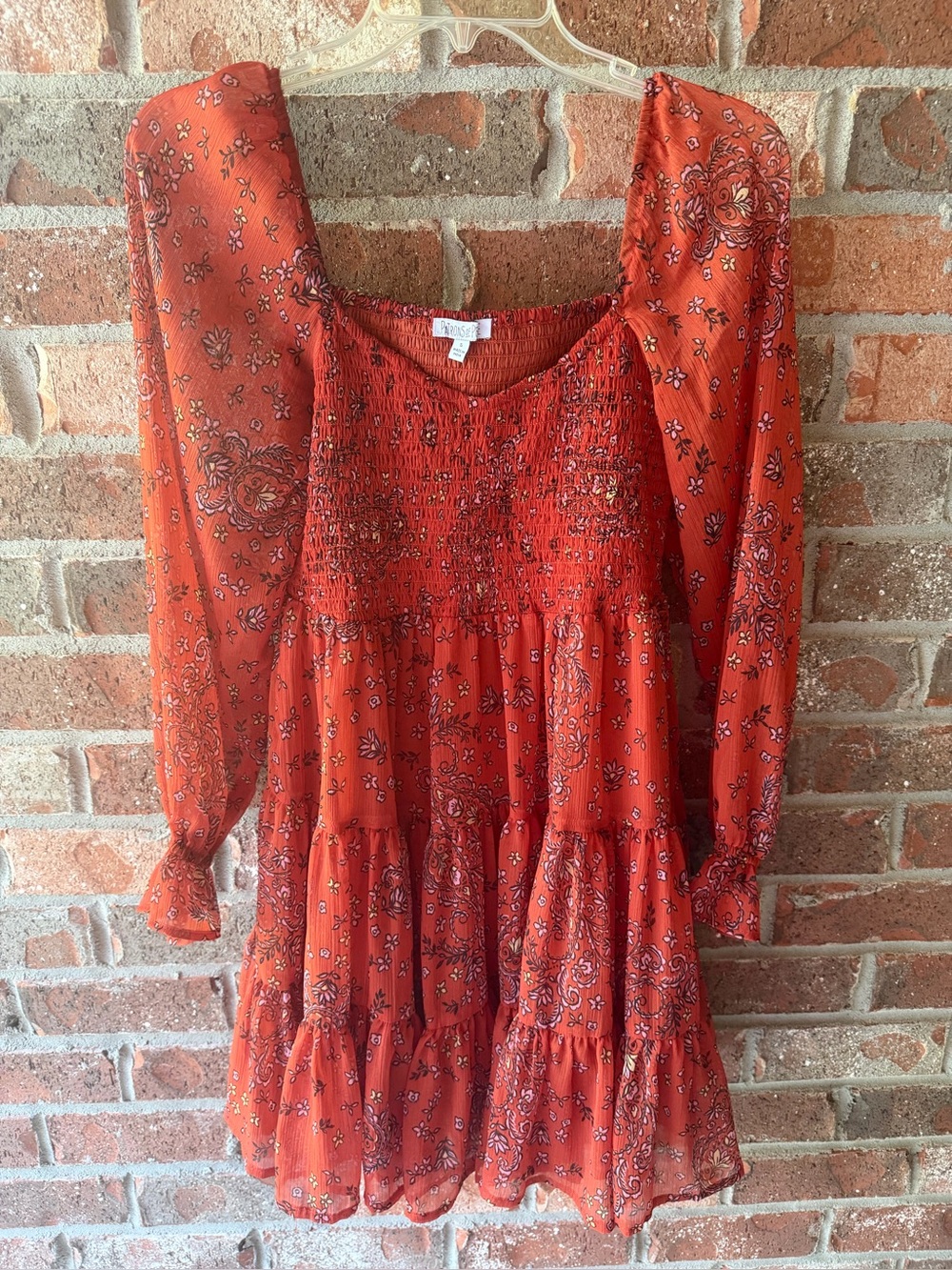 Patrons of Peace Rust Floral Long Sleeve Tiered Mini Dress
